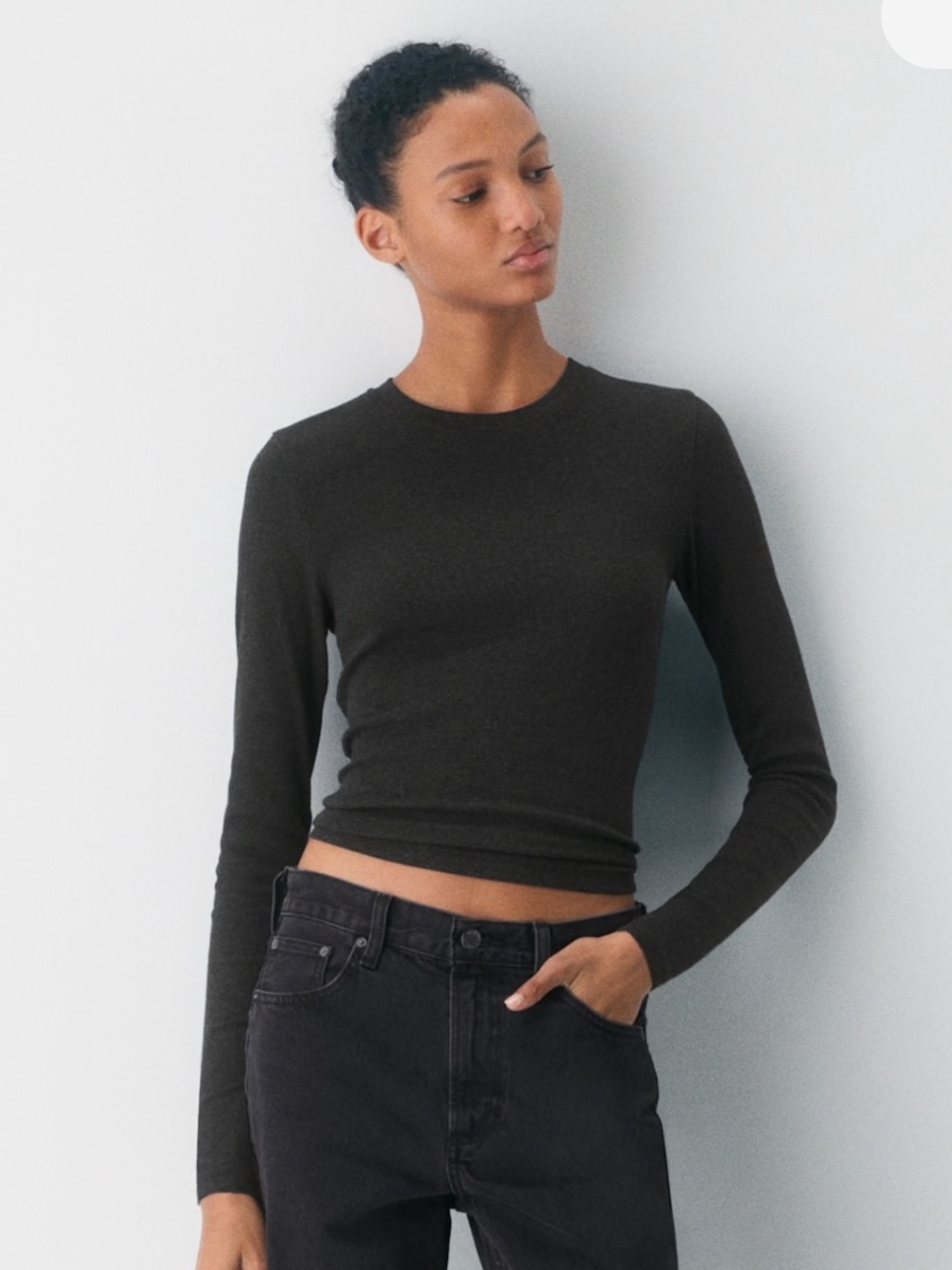 Aritzia Slim Long-Sleeve Ribbed Crewneck Top in Charcoal